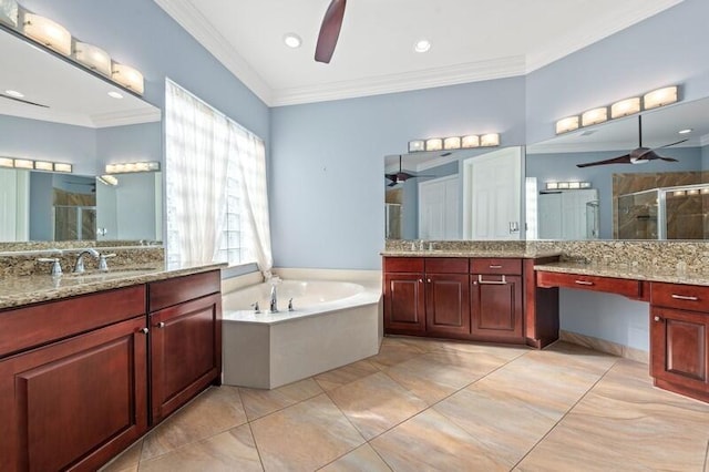 9600 Equus Cir, Boynton Beach, FL 33472 - bathroom with a ceiling fan, a shower stall, two vanities, a bath, and crown molding