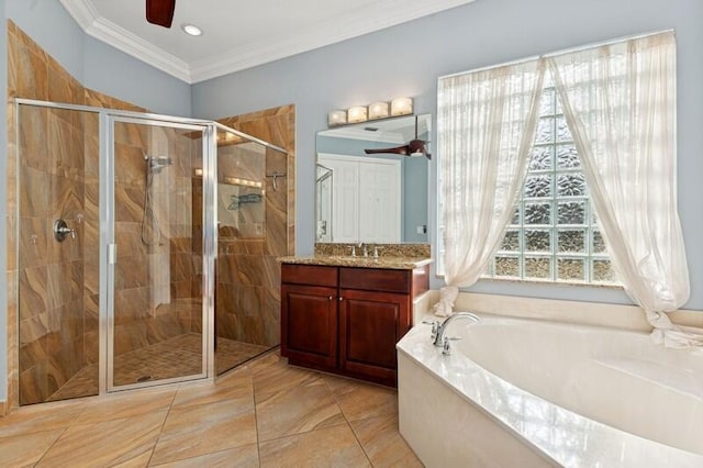 9600 Equus Cir, Boynton Beach, FL 33472 - full bathroom with a garden tub, vanity, a stall shower, crown molding, and a ceiling fan