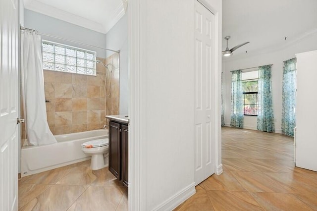 9600 Equus Cir, Boynton Beach, FL 33472 - bathroom featuring crown molding, shower / tub combo with curtain, plenty of natural light, ceiling fan, and vanity