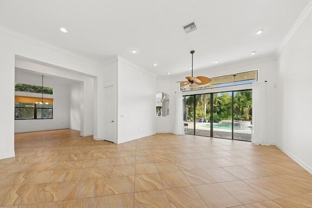 9600 Equus Cir, Boynton Beach, FL 33472 - empty room featuring ornamental molding, ceiling fan, baseboards, recessed lighting, and light tile patterned floors