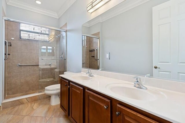 9600 Equus Cir, Boynton Beach, FL 33472 - full bathroom with toilet, double vanity, a stall shower, and crown molding