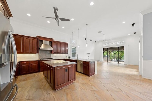 9600 Equus Cir, Boynton Beach, FL 33472 - kitchen featuring stainless steel appliances, ceiling fan, wall chimney exhaust hood, a peninsula, and a center island