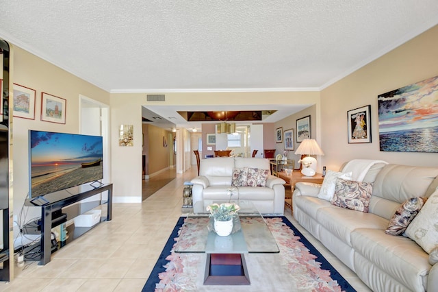 living room with crown molding, visible vents, a textured ceiling, and light tile patterned flooring
