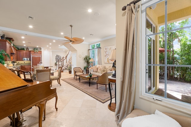 living area featuring light tile patterned flooring, visible vents, recessed lighting, stairs, and ornamental molding