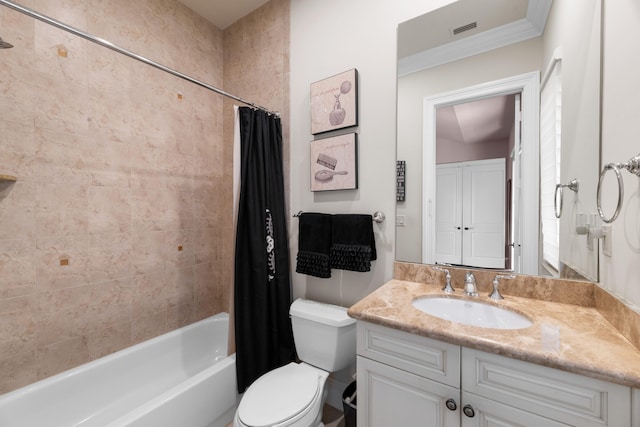 full bathroom with shower / bath combo, visible vents, toilet, and vanity