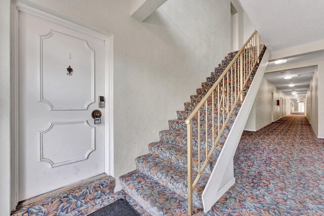 stairs with a textured wall and carpet