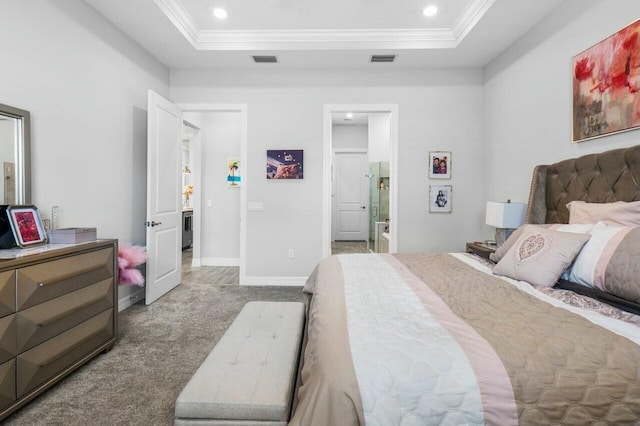 bedroom with ornamental molding, visible vents, and carpet