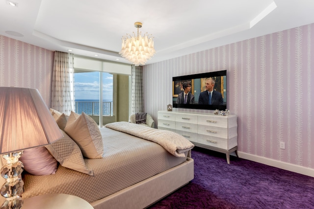 3740 S Ocean Blvd Unit 1205, Highland Beach, FL 33487 - bedroom featuring wallpapered walls, carpet floors, and a notable chandelier