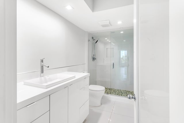 full bath with tile patterned floors, toilet, visible vents, a shower stall, and vanity