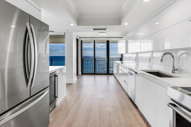 kitchen featuring a raised ceiling, ornamental molding, a sink, modern cabinets, and appliances with stainless steel finishes