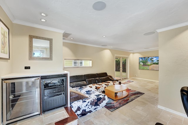 946 Paseo Morella, West Palm Beach, FL 33405 - living room with beverage cooler, stone tile floors, recessed lighting, crown molding, and baseboards