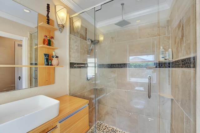 946 Paseo Morella, West Palm Beach, FL 33405 - full bathroom featuring crown molding, a shower stall, vanity, and recessed lighting