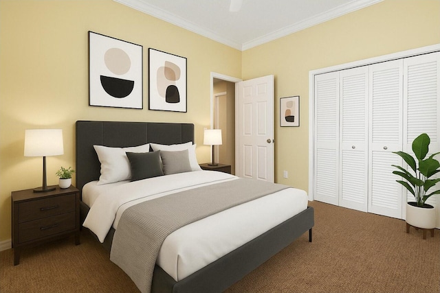 bedroom with dark carpet, crown molding, and a closet