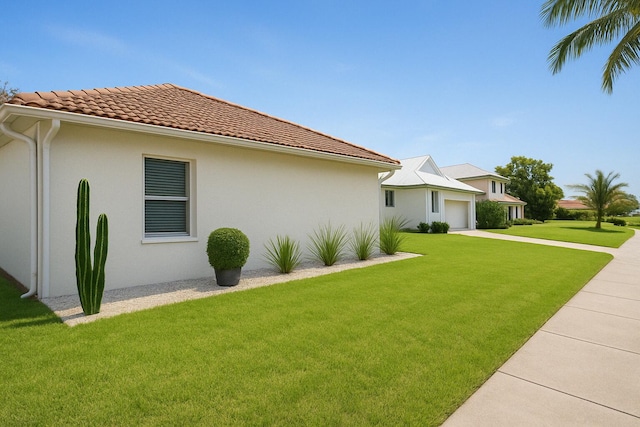 view of home's exterior with a lawn, stucco siding, driveway, and a garage