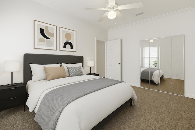 carpeted bedroom featuring crown molding, visible vents, a closet, baseboards, and a ceiling fan