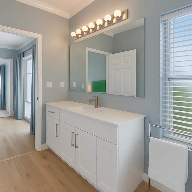bathroom featuring crown molding, plenty of natural light, and wood finished floors