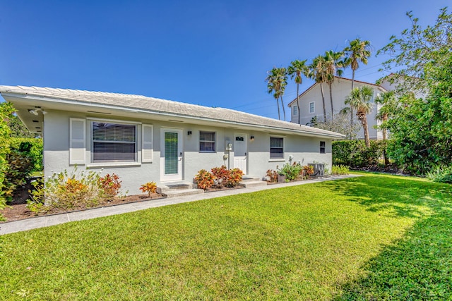 single story home featuring a front lawn and stucco siding