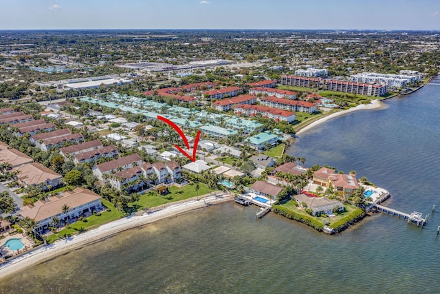 aerial view featuring a water view