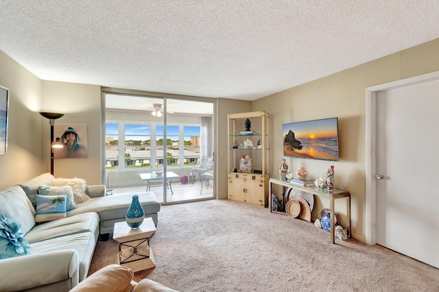 25 Abbey Ln Unit 404, Delray Beach, FL 33446 - carpeted living room with a textured ceiling and a ceiling fan