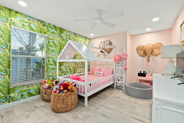 bedroom with baseboards, ceiling fan, recessed lighting, wood finished floors, and wallpapered walls