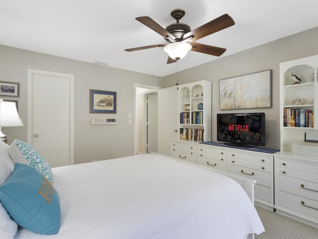 14586 Lucy Dr, Delray Beach, FL 33484 - bedroom featuring light carpet, a ceiling fan, and visible vents
