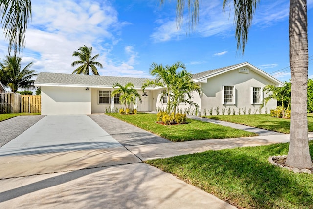 ranch-style home featuring stucco siding, fence, concrete driveway, and a front lawn