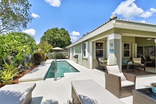 view of swimming pool with a fenced in pool, a patio, an outdoor hangout area, and a fenced backyard