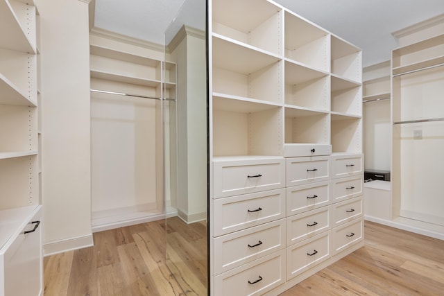 walk in closet with light wood finished floors