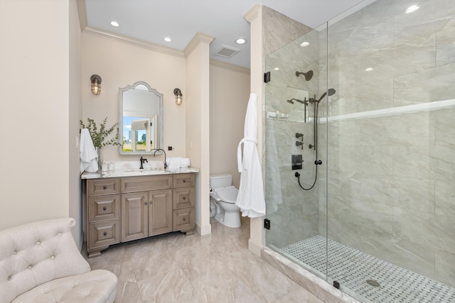 full bathroom with a stall shower, toilet, visible vents, crown molding, and vanity