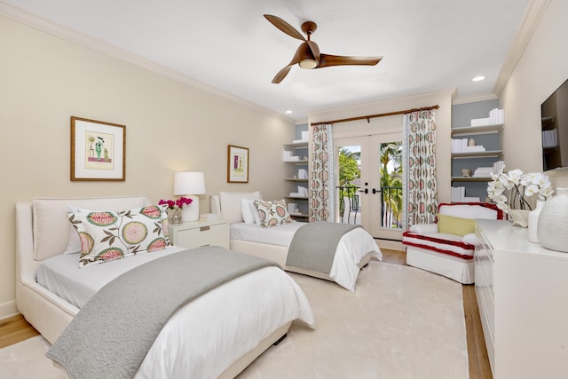 bedroom featuring french doors, wood finished floors, access to outside, and ornamental molding