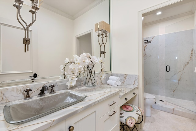 bathroom with a marble finish shower, toilet, recessed lighting, vanity, and ornamental molding