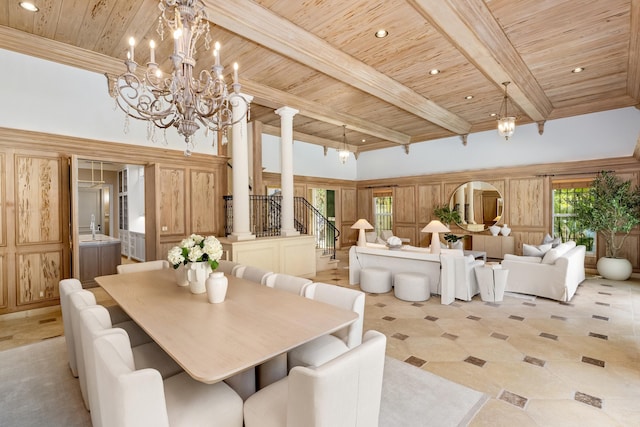 dining space featuring wood ceiling, a notable chandelier, beamed ceiling, and recessed lighting