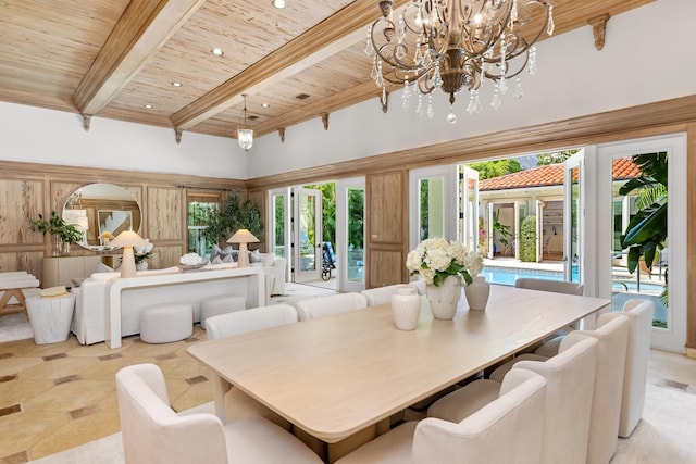 dining space with recessed lighting, an inviting chandelier, visible vents, wooden ceiling, and beam ceiling