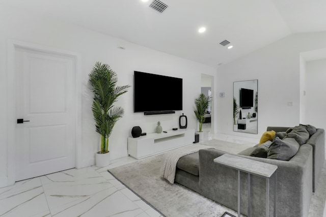 626 33rd St, West Palm Beach, FL 33407 - living room featuring lofted ceiling, marble look tiles, and recessed lighting