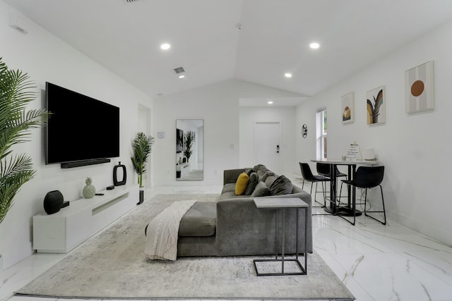 626 33rd St, West Palm Beach, FL 33407 - living room featuring marble finish flooring, lofted ceiling, recessed lighting, and baseboards