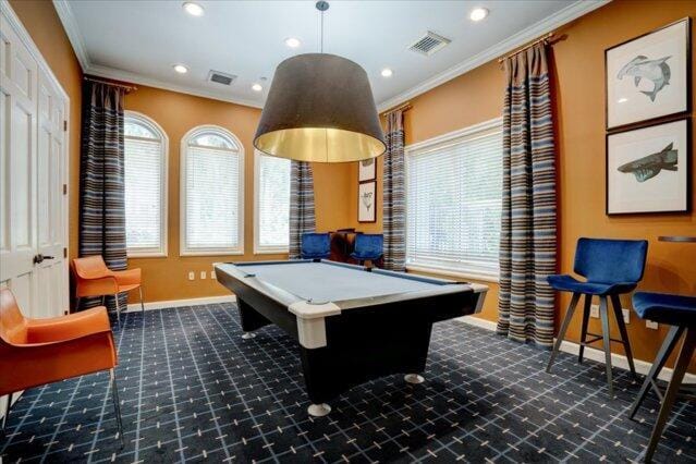 2221 Tuscany Way, Boynton Beach, FL 33435 - dining space with baseboards, visible vents, a chandelier, ornate columns, and ornamental molding
