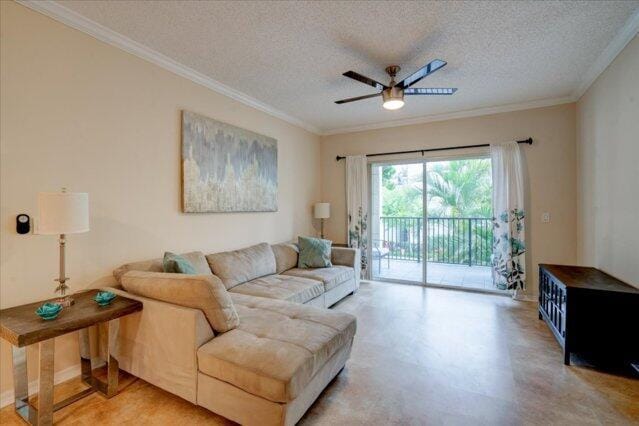 2221 Tuscany Way, Boynton Beach, FL 33435 - living room with a textured ceiling, visible vents, ornamental molding, and ceiling fan