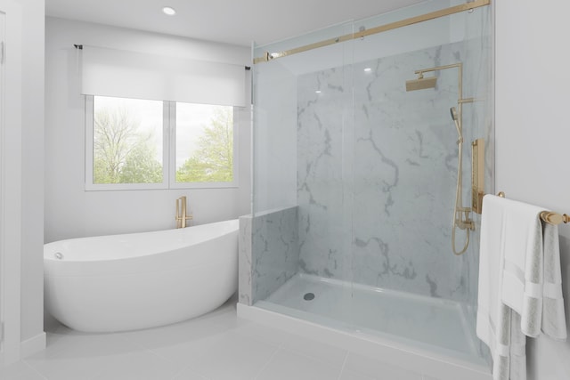201 Avila Rd, West Palm Beach, FL 33405 - full bathroom with a marble finish shower, a freestanding tub, and tile patterned flooring