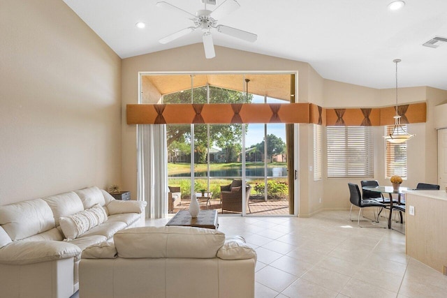 living area with vaulted ceiling, light tile patterned floors, ceiling fan, visible vents, and recessed lighting