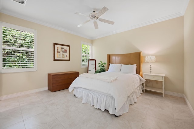 bedroom with crown molding, visible vents, ceiling fan, baseboards, and light tile patterned flooring