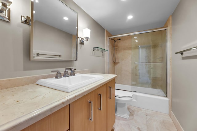 full bathroom with toilet, recessed lighting, vanity, and bath / shower combo with glass door