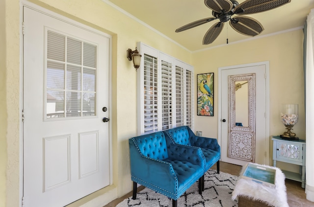 interior space featuring a porch and ceiling fan