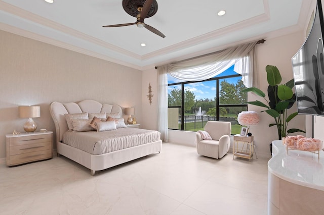 bedroom with a tray ceiling, crown molding, ceiling fan, and recessed lighting