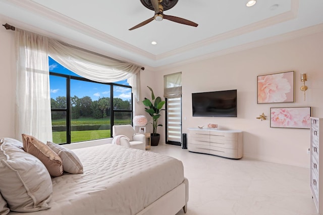 bedroom featuring a ceiling fan, a tray ceiling, recessed lighting, and ornamental molding