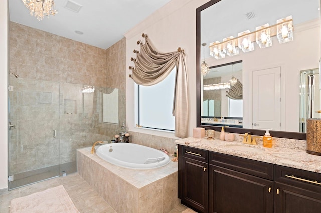 full bathroom featuring a garden tub, visible vents, vanity, and a stall shower