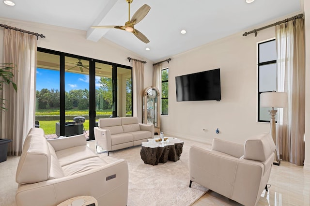 living area with lofted ceiling with beams, a ceiling fan, recessed lighting, and ornamental molding