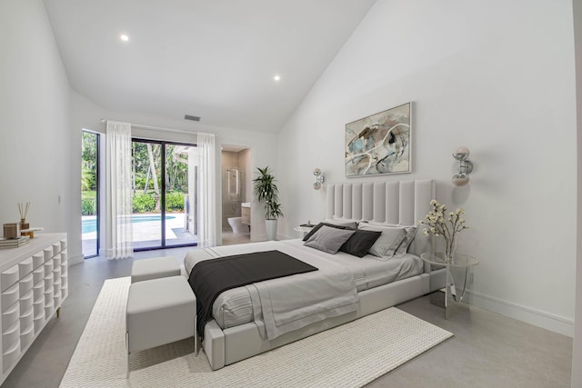 13890 Parc Dr, Palm Beach Gardens, FL 33410 - bedroom featuring high vaulted ceiling, access to outside, recessed lighting, and baseboards