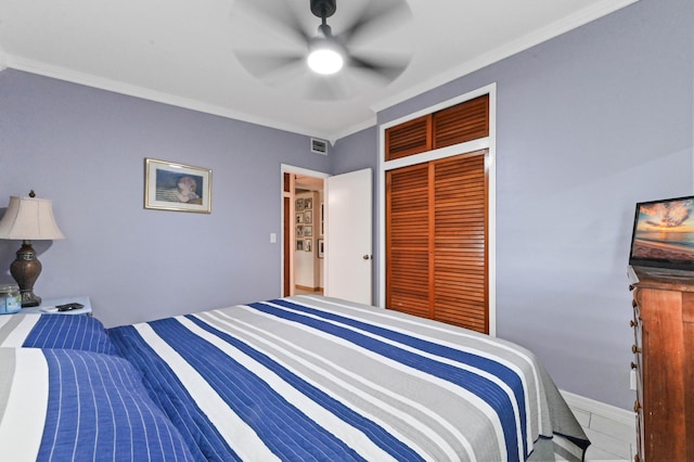 5725 Basil Dr, West Palm Beach, FL 33415 - bedroom featuring a closet, ornamental molding, ceiling fan, and baseboards