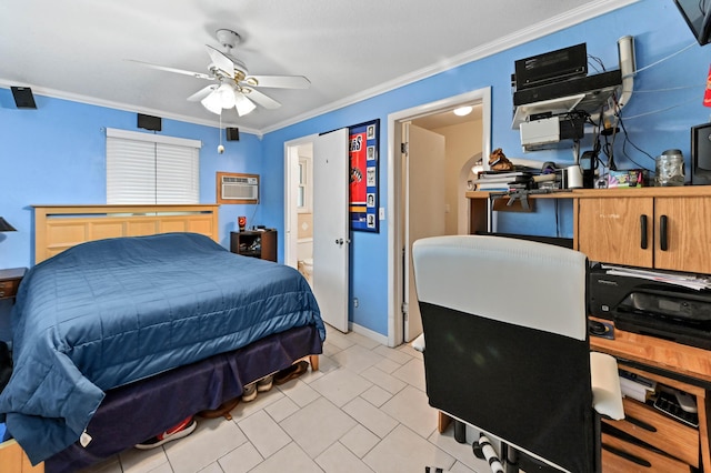 5725 Basil Dr, West Palm Beach, FL 33415 - bedroom featuring crown molding, a wall unit AC, a ceiling fan, light tile patterned flooring, and ensuite bathroom
