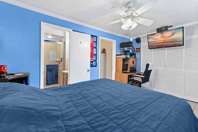 5725 Basil Dr, West Palm Beach, FL 33415 - bedroom featuring crown molding, a ceiling fan, and connected bathroom